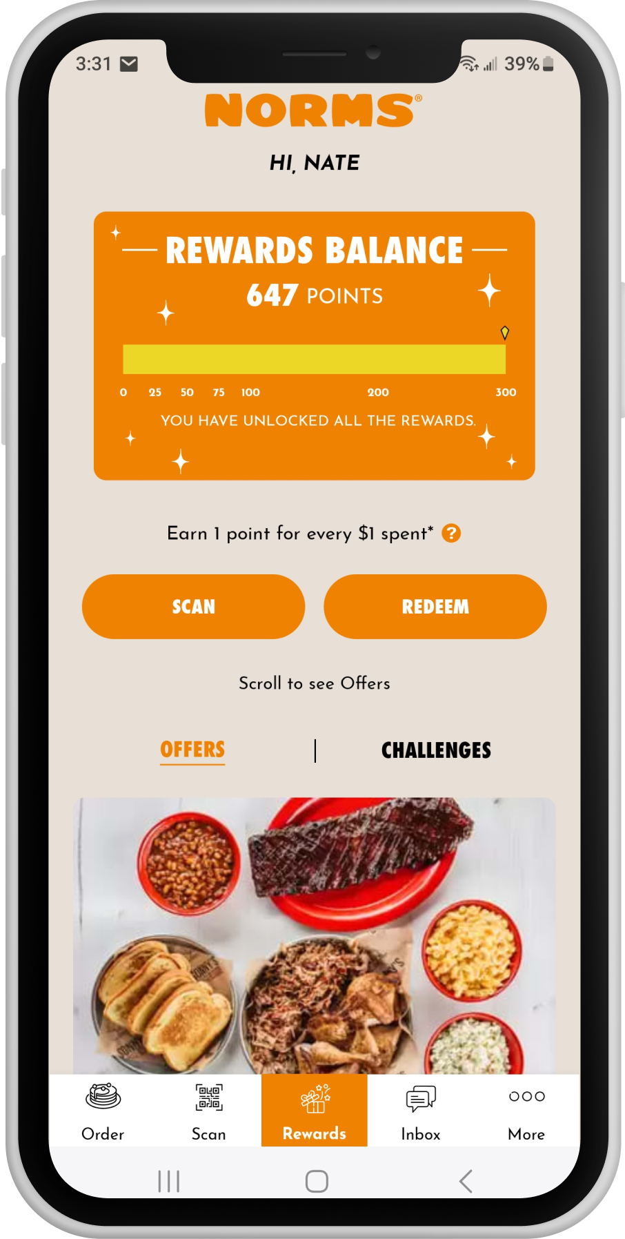 Restaurant rewards points from NORMS